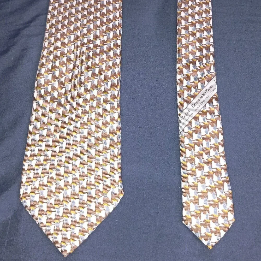Ermenegildo Zegna Necktie 100% Silk Blue Brown Flower Print Tie Made In Italy